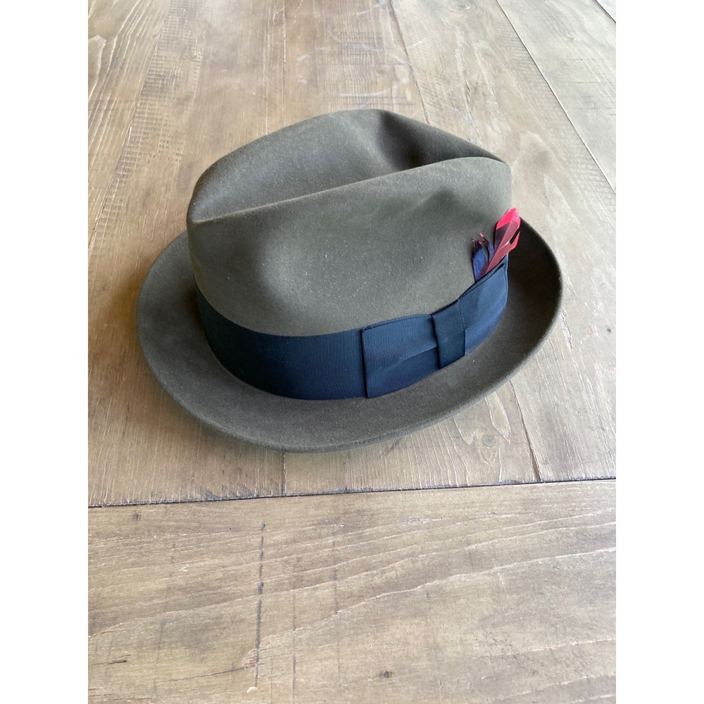 Vintage Dobbs Fifth Avenue Olive Green Fur Felt Fedora Hat Size 7 3/8 Feather